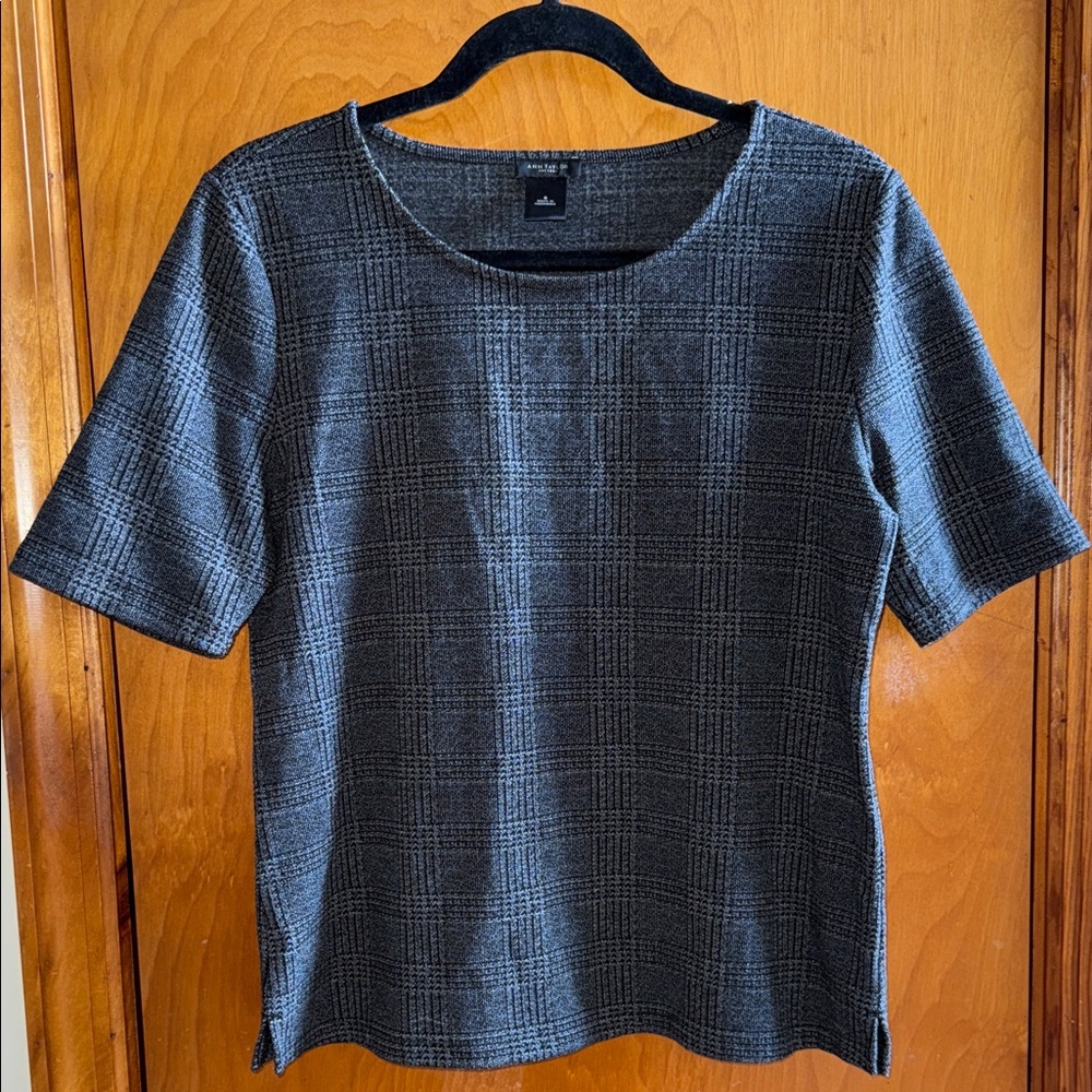 Ann Taylor Charcoal Checkered Short Sleeve Top